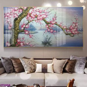 Tranh tráng gương hoa đào hoa mai treo phòng khách ngày Tết