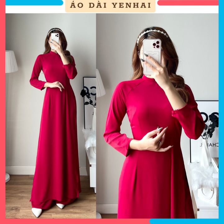 Áo Dài Màu Đỏ Đô Truyền Thống May Sẵn Vải Lụa Mỹ Công Sở Agribank