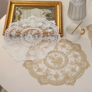 K9SEQ 1/2/6pcs Embroidered Lace Tablemats Flower Embroidery Round Handmade Lace Table Mats Luxury Napkin Placemat Dining Table Cover for Coffee Cup