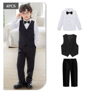 LOlanta 4Pcs/6Pcs Boys Sequins Formal Suits Kids Tuxedo Blazer Jacket Pants Vest Bowtie Set Children Wedding Party Costume Clothing Black 2-15Years