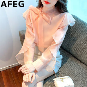 AFEG solid color Korean version stand collar bow ruffled fashion loose chiffon long sleeve blouse for women