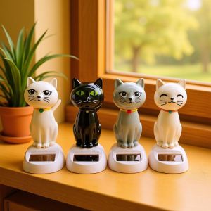 NALANILI Resin Solar Powered Cat Ornament Cartoon Solar Energy Driven Car Dashboard Decor Mini Figurine Automatic Cat Figurine Car Dashboard Decor