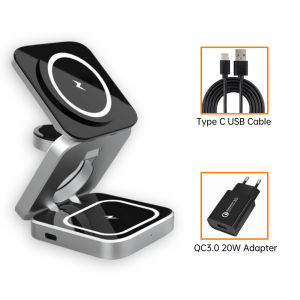 INOVAGEN 3 in 1 Wireless Charging StandFoldable Mag-netic Wireless Charger For i-PhoneSamsungPhoneSmartWatchEarbuds Desk Charging Dock