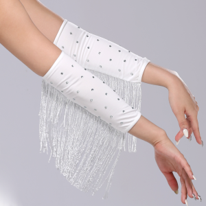 ALLUCK Performance Stage Latin Dance Fringed Sleeves Drilling Rhinestone Flash Fringe Tassel Gloves Portable Latin Dance Costumes Womens Arm Sleeves Women