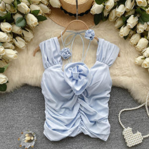 Áo cami hoa cổ tích cho áo Crop Top gấp bằng cotton co giãn ngọt no mùa hè nóng bỏng áo ba chiều trang trí dây chéo trang trí thanh lịch