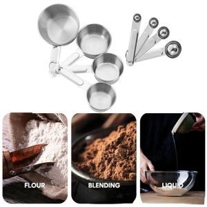 FOUNDTWO 8Pcs Thép không gỉ Bộ cốc đong và thìa đong Vàng Bạc Đã được thu nhỏ Dụng cụ đo lường Phụ kiện nhà bếp Thìa xếp chồng được Dụng cụ nướng bánh Nấu ăn