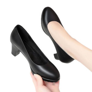 Women Korea Black Leather Shoes for Work Lady Women Thick Heels Soft Dance single Shoes