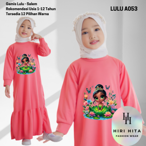 Hirihita Lulu A053 Baju Gamis Lulu Anak Perempuan Sablon Princess 12 Warna 1-12 Tahun