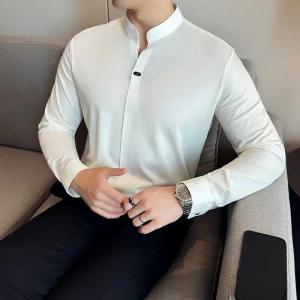 Mens High-End Elasticity Traceless Lapel T-shirt Brown Slim Top New Chinese Stand Collar Long Sleeve Polo Shirt