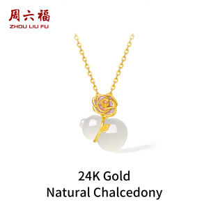 ZHOU LIU FU 周六福 24K Gold Pendants Chalcedony Pendants Flowers Lucky Fortune Jewelry for Women Girl Friend Birthday (Not Include Necklace) J0414828