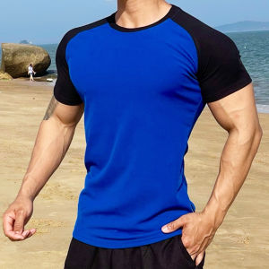 Men Stretch Colour Blocking T-shirt Fitness Sports Running Short Sleeve Shirt