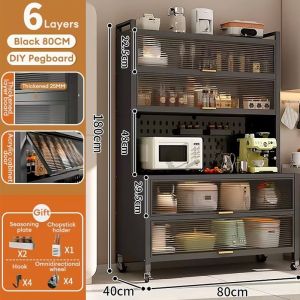 YOYO Kitchen Cabinet Floor Standing Storage Organizer Multi Tier Dustproof Dish Microwave Storage Cabinet with Pegboard Utensil Holder