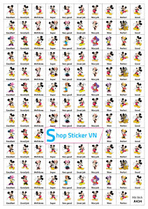 Sticker khen chữ Tiếng anh CHUỘT MICKEY - Combo 40k 5 tờ A4 x 129 sticker