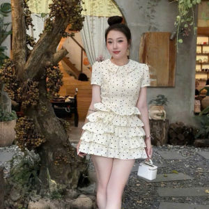 Đầm tiểu thư thiết kế đi tiệc váy nữ công sở thanh lịch đầm Mango chấm bi tay ngắn nút bọc 5 tầng kèm quần trong đáng yêu