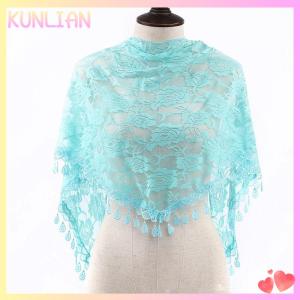 [KUNLIAN] New Four Seasons Jacquard Rose Lace Triangle Veil Scarf Polyester Shawls For Women Muslim Church Prayer Wedding Shawls Headband