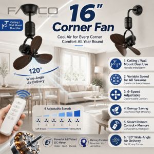 Dual 16" DC Motor Corner Fan with Remote Control Dual DC Ceiling Corner Wall Fan Low Profile Ceiling Mounted Fan Flush Mount Ceiling Fan 120 degree Oscillation Quiet Energy