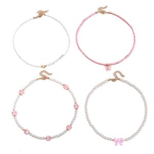 4Pcs/Pack Girls Butterfly Pearls Beaded Necklace Set Adjustable Length Neckchain Handmade Kids Accessories Gift