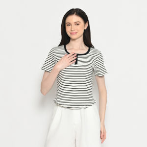 QUEENTIN Atasan Kaos Rajut Casual Wanita 3560-1 Knit Stripe Strecth Lengan Pendek