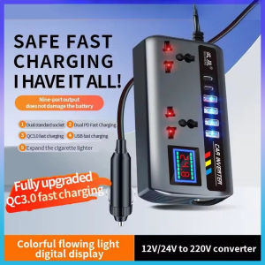 Car Inverter 12V/24V to 220V Converter USB/PD/Type-C QC 3.0Chargers 200W 9 Charging Ports Sockets Power Adapter