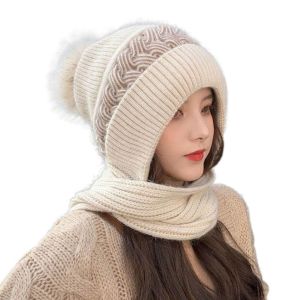 INNEED Knitted Integrated Cap Scarf Windproof Thickening Ear Protection Cap Winter Soft Beanie Hat Scarf Women