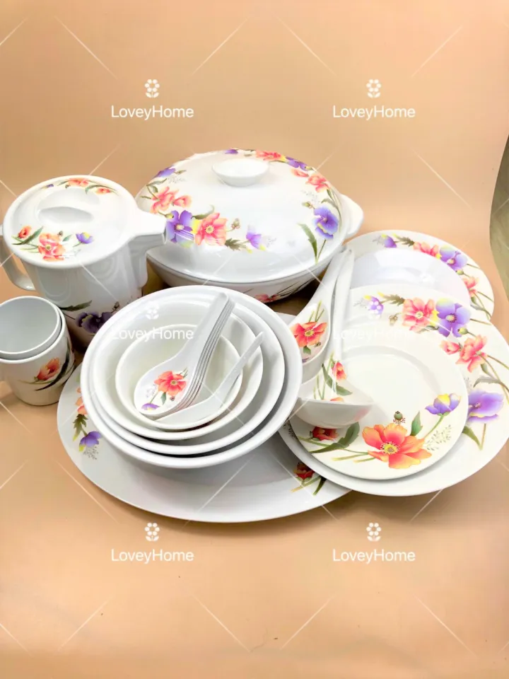 Melamine Hibiscus Dinner Set Plate Bowl Spoon Cup Jug Pinggan