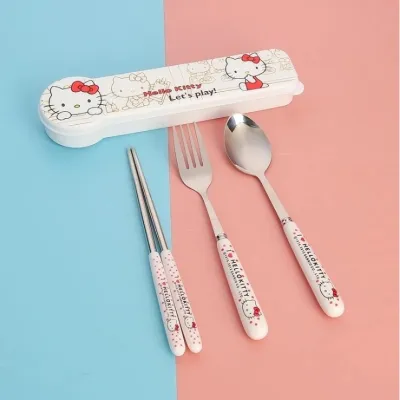 FALANZATH Student Portable Fork Spoon Cartoon Tableware 3-piece Set Sanrio Stainless Steel Tableware Hello KT