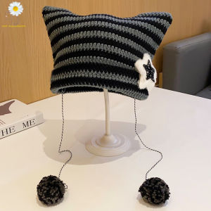 หมวดบีนนี่ลายขวางถักลายปีศาจน่ารักใหม่ Y2K ฤดูใบไม้ร่วงฤดูหนาวหมวกไหมพรมขนสัตว์หูแมวชี้เสื้อสวมหัวหมวกผู้หญิง