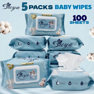 [5-PACKS] SUYA Baby Wipes 100 Sheets Per Pack - Pure Natural Unscented Wet Wipes - Alcohol-Free Non-Allergenic Gentle Cotton Soft Disposables for Sensitive Skin