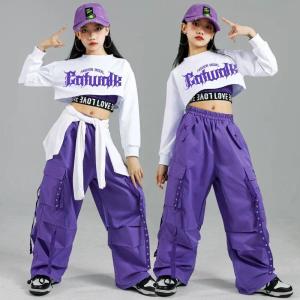 Hip Hop Girls Fashion K-pop Crop Top Purple Cargo Pants Children Street Dance Outfits Kids Streetwear Group Jazz Clothes Sets2026