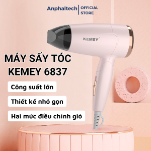 Máy Sấy Tóc Kemey KM-6837 Máy Sấy Tóc Gấp Gọn 2 Mức Gió Công Suất 950W Màu Hồng Thời Trang