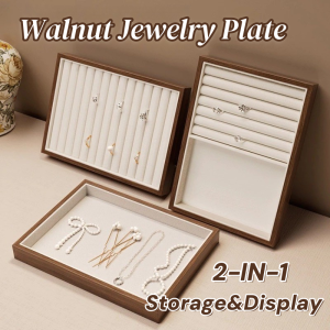 2-in-1 Walnut Jewelry Plate Wood Grain Jewellery Storage Box Bracelet Necklace Ring Organizer Display Tray