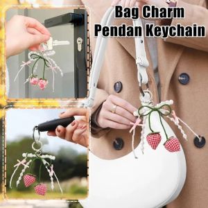 MINIFELE 262 Ribbon Pearl Strawberry Bow Keychain DIY Jewelry Style Pearl Bow Bag Accessories Key Chains Mobile Phone Chain