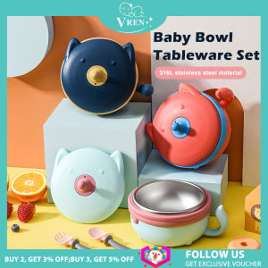 VREN Food Warm Injection Hot Water Insulation Kids Dishes 306L Stainless Steel Tableware Baby Sucker 400ml Feeding Bowl Plate  Childrens Tableware Set