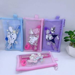7Pcs/Set Anime Sanrio Melody Kuromi Stationery Set Cinnamoroll Student Cartoon Pencil Eraser Ruler Pen Bag Storage Set School Supplies