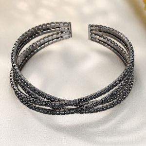 TANTUANG Silver Color Rhinestone Bangle Bracelet Full Rhinestone Multi Rows Zircon Open Bangle Jewelry Minimalist Fashion Jewelry Sparkling Bangle Bracelet For Women