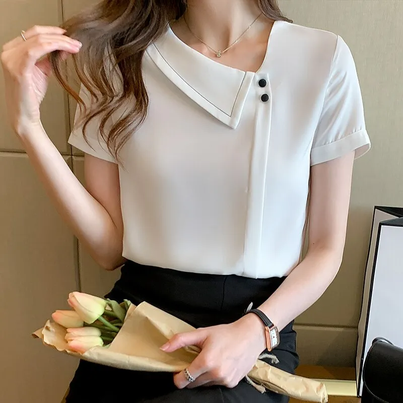 Cheap 2023 Blusas Casual Short Sleeve Chiffon Blouse Fashion Summer Tops  Streetwear V-neck White Shirts Women Clothes Elegant 25464