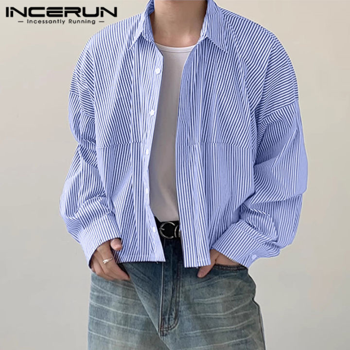 Casual Shirt Blue And White Striped Shirt Mens Outfit INCERUN Men