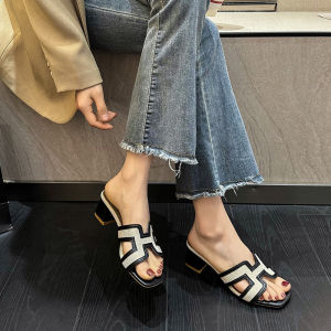 [Free Shipping] One-Strap Denim Color-Block Chunky-Heel Beach Sandals Summer WomenS Outdoor Wear New Summer Style Versatile Sandals