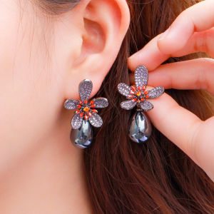 SEQUITO Trendy Full Micro Pave Cubic Zirconia Flower with Pear Black Pearl Drop Earrings Female Exquisite Jewelry Friends Gift SE391