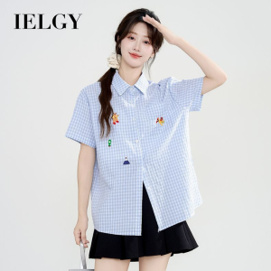 IELGY New blue plaid short-sleeved shirt womens loose short-sleeved top