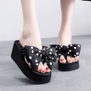 Free Shipping Korean-Style Summer Sandals For Women Designed For Outdoor Wear Featuring A High Heel A Bow A Non-Slip Sole A Wedge Heel And A Thick Platform Perfect For The Beach