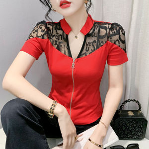 YIMEI Slim Fit and Slim Black T-shirt for Womens 2023 Summer New Elastic Cotton Top Design Lace V-Neck Beautiful Womens T-shirt