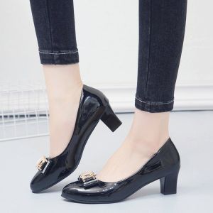 [Free Shipping] WomenS Fashion Shoes PU Leather Single Shoes High-Heeled Pointed Toe Shallow Slip-On Shoes With Chunky Heels