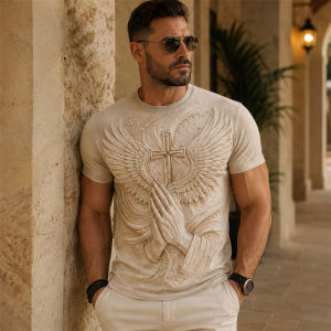 [Local Stock] HBESTY  3D Graphic Print Angel Wings Cross T Shirt For Mens Short Sleeve Casual Summer Streetwear Fashion Top Spiritual Design Clothing