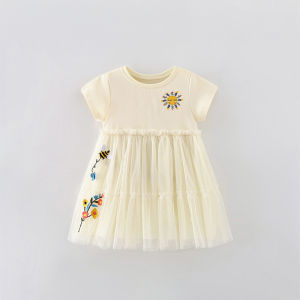 ชุดเดรสหน้าร้อนเจ้าหญิงของเด็กผู้หญิง | ผึ้ง & ปักลายดอกไม้ • เสื้อคอตตอน + กระโปรงพลีทเอวสูง • สบาย & หมุนได้