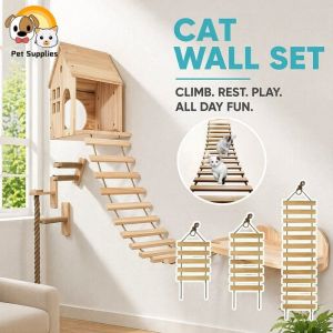 Cat Wall Bridge Ladder Wooden Climbing Steps Hanging Perch Shelf Indoor Pet Furniture Play