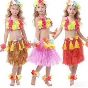 LUXEMO 7/8Pcs Costume Hawaiian Hula Skirt Set Wristbands Headband Hawaiian Costumes Necklace Bra Hawaii Party Supplies Kids Fancy Dress