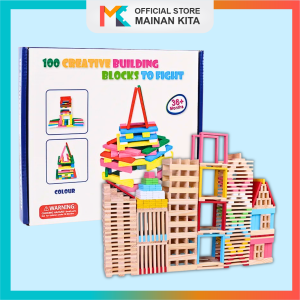 Mainan edukasi kayu 100pcs Wooden Building Blocks Domino Toys for Stacking High Play MK914