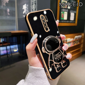 MHKEID Casing Ponsel untuk Xiaomi Redmi 9 9A 9AT 9i 10A 10C 9T 9 Power 9 Prime POCO M2 Case kartun astronot lipat dudukan telepon kreatif Casing ponsel penuh penutup lensa HP pelindung Softcase silikon lembut Kesing