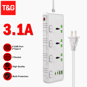 T&G TB-T29 Universal Power Extension 2 USB Port 2 PD Type-C Port 3 Power Strips Plug with Safety Switch Protection 3.1A Max